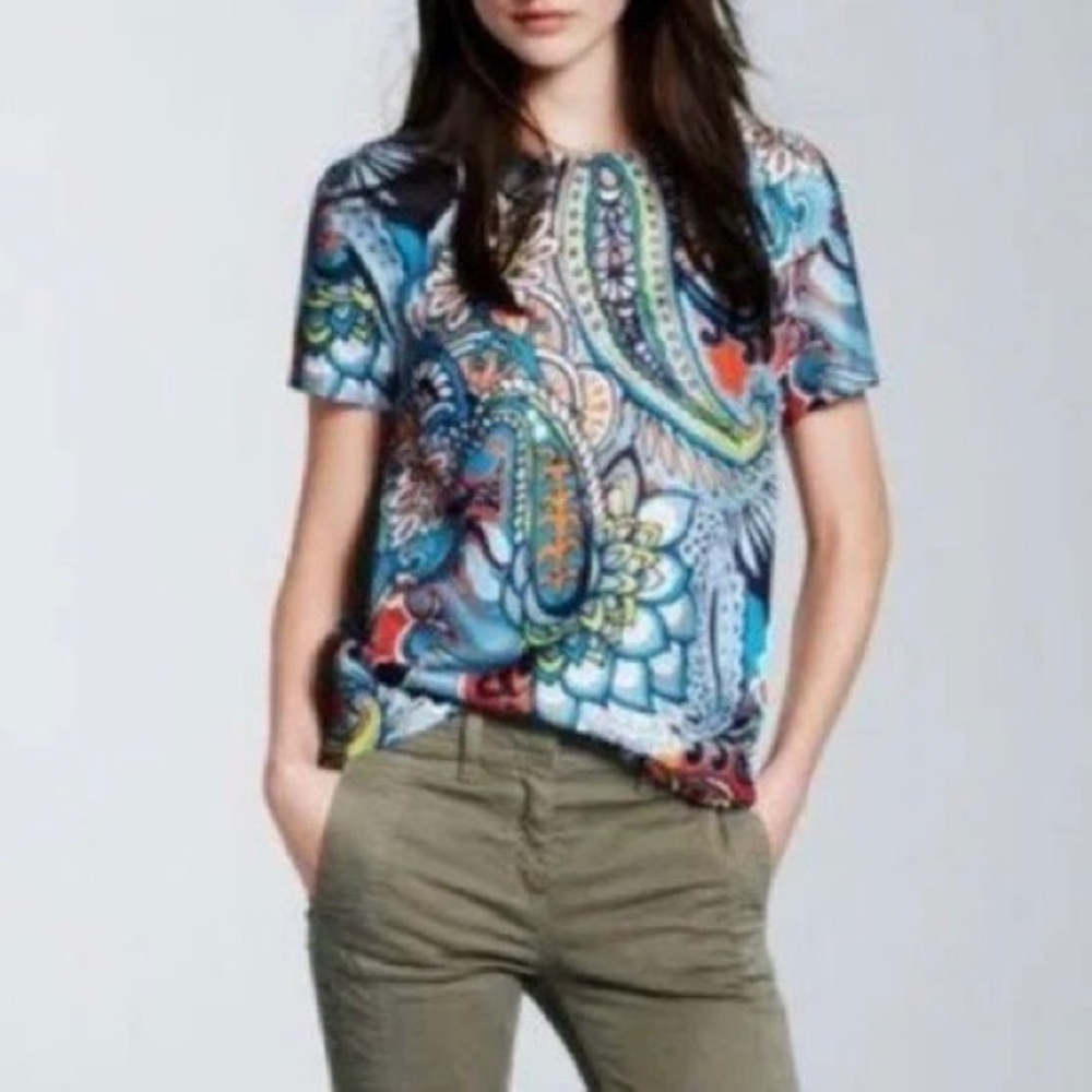 J Crew Moonglow 100% Silk Floral Short Sleeve Blouse 6 Colorful Paisley